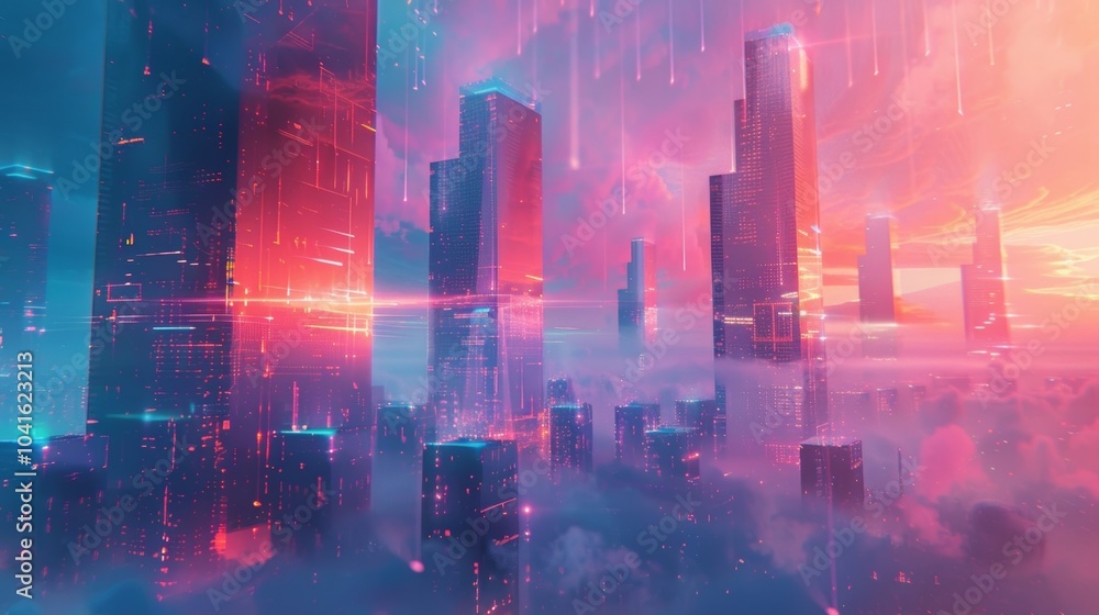 Poster a futuristic cityscape of shimmering towers and floating platforms fueled by energy from exotic part