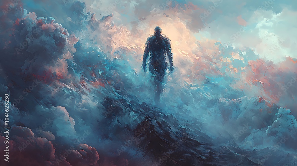 Poster A misty figure navigates an ethereal landscape constantly shifting form amidst clouds and waves of color