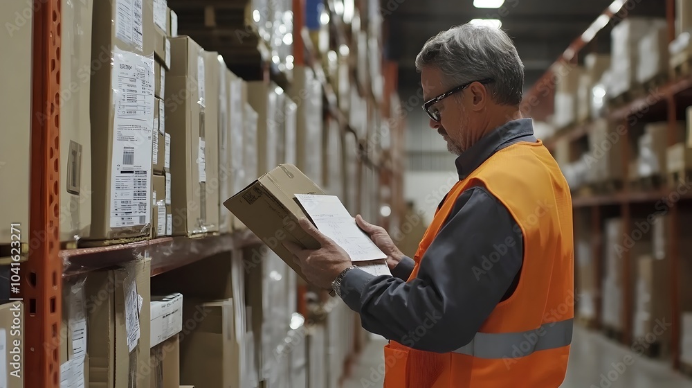 Poster warehouse worker checking package weight streamlining packaging process