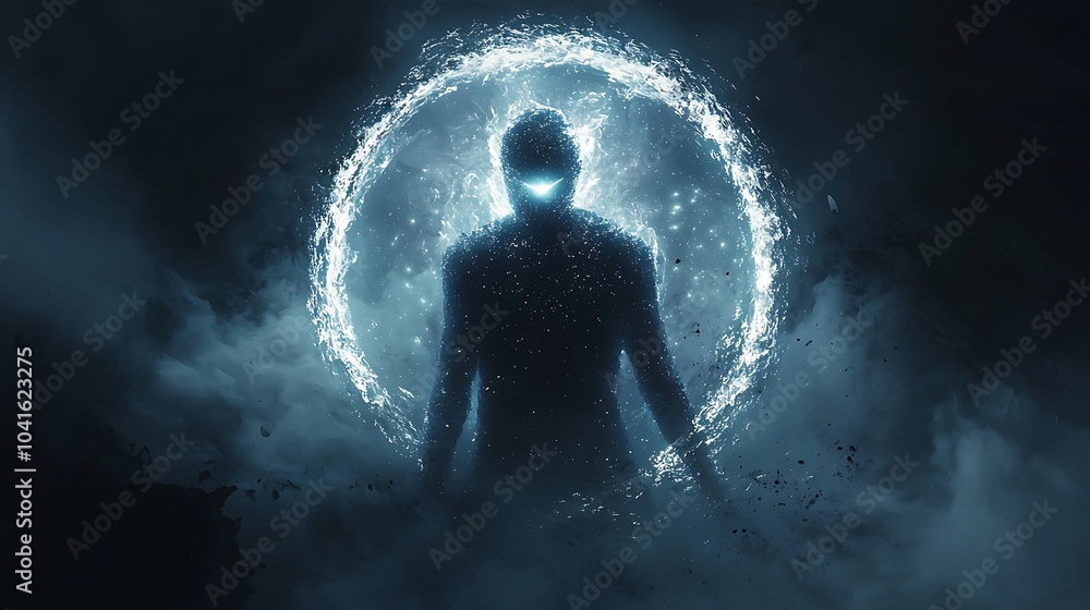 Poster Unveiling the enigma a translucent mist being emanates an ethereal glow in a darkened realm