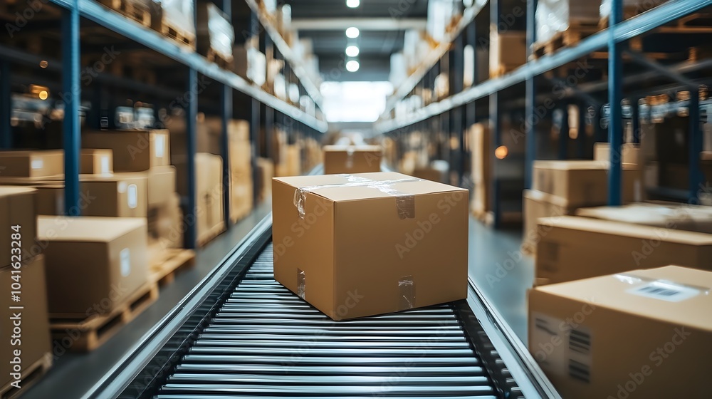 Aufkleber automated sorting system in modern warehouse with packages moving on conveyor belts