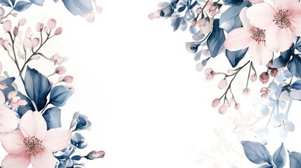Round watercolor frame featuring a floral arrangement with pink blossoms and blue greenery on a white backdrop