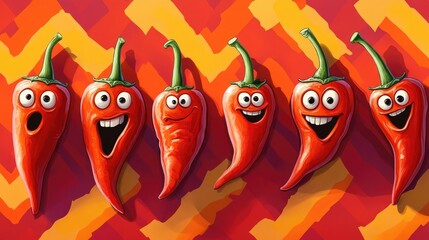 Fototapeta premium Whimsical line art illustration of small red peppers featuring playful faces and wobbly eyes against a vibrant zigzag background in shades of fire red and orange