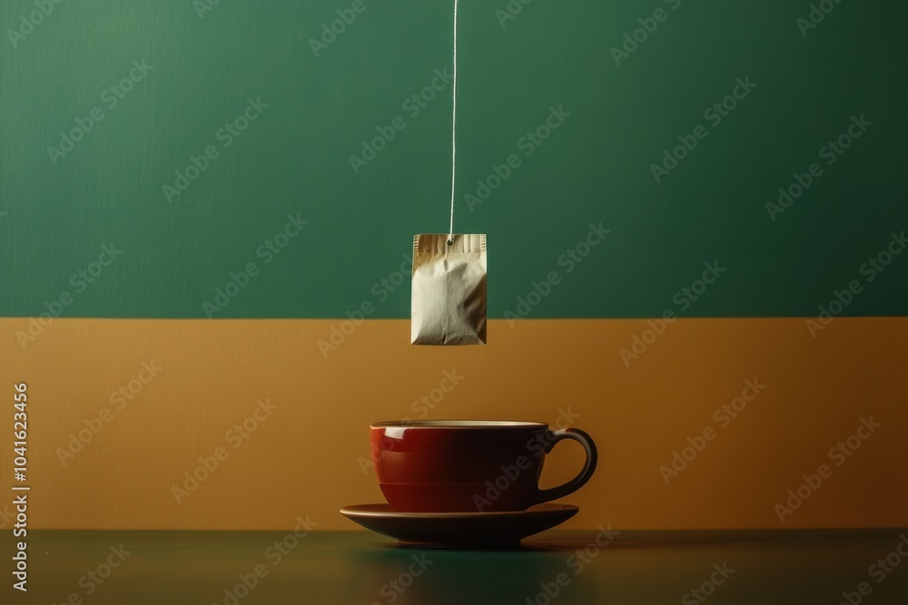 Aufkleber a tea bag is gently dipped into a red cup placed on a saucer, surrounded by a warm, inviting backdro