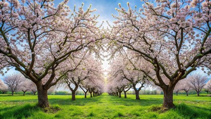 blooming almond tree against green leaves