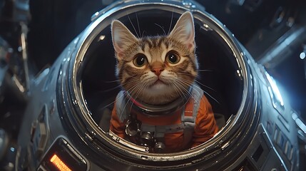 A playful cat floating in a spaceship an adorable adventure in outer space with a futuristic twist
