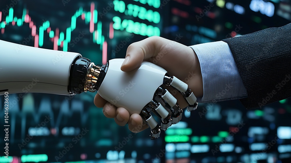 Poster the future of collaboration a human-robot partnership symbolized by their handshake against a dynami