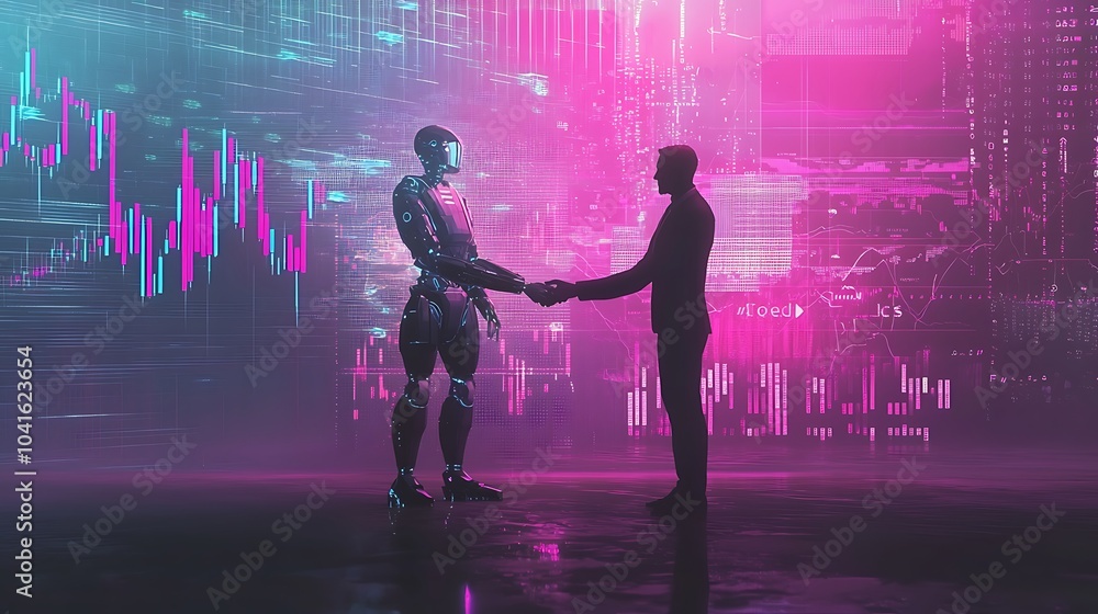 Aufkleber exploring the future of interaction a human and a robot shake hands amidst digital stock market tren