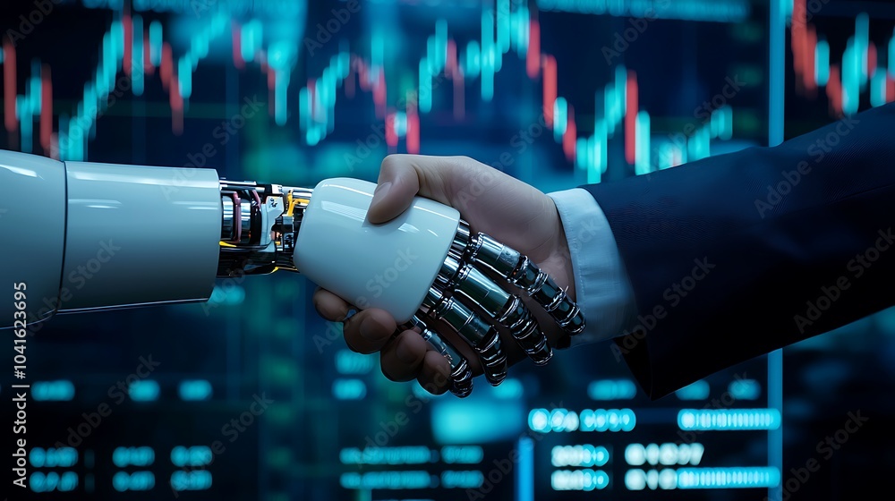 Aufkleber collaboration between human and robot symbolizing the future of work and technology in financial mar