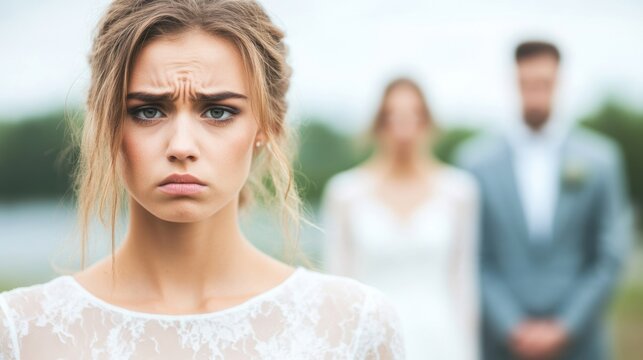 Unhappy bridesmaid with a sad expression during an outdoor wedding, standing apart from the bride and groom in the background.