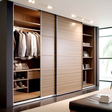 Wooden wardrobe with sliding doors in scandinavian, minimalist style interior design of modern bedroom.