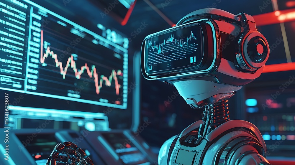 Fototapete Exploring the future a robot immersed in virtual reality to visualize financial data in a high-tech environment