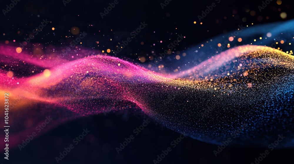 Poster a vibrant wave of multicolored particles flowing through a dark background, creating a dynamic and m