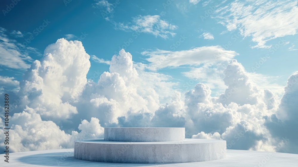 Poster podium stage set against a backdrop of fluffy clouds and a blue sky copy space 3d rendering
