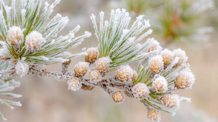 Naklejka premium A frosty pine branch adorned with snow-covered pinecones, showcasing the beauty of winter nature in intricate detail.