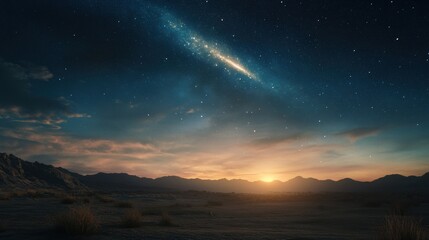 A stunning view of the Milky Way galaxy stretching across the night sky over a serene desert landscape during sunset.