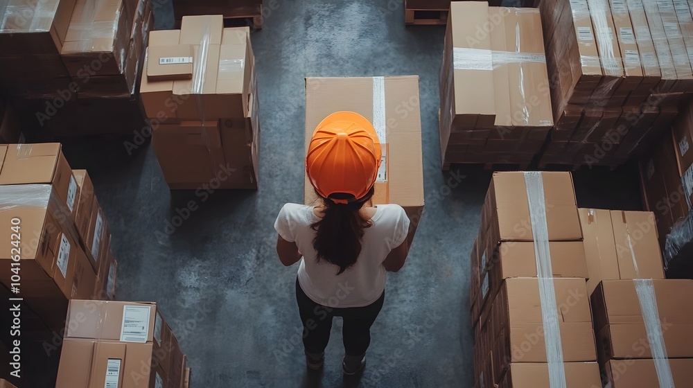 Poster warehouse worker organizing packages for efficient inventory management