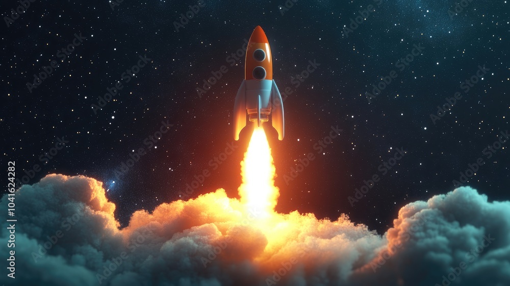 Poster rocket takes off into space with a light blast in a starry sky depicted in a 3d cartoon rendering sp