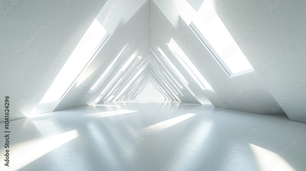 Poster bright abstract space featuring white geometric shapes that form a 3d rendered background