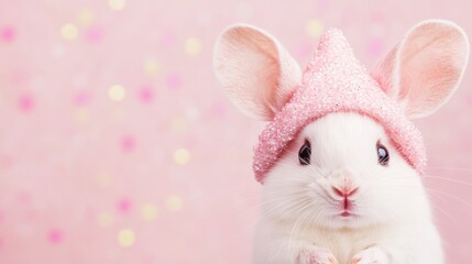 A cute white bunny in a sparkling pink hat, set against a soft pastel background, creating a sweet and playful scene.