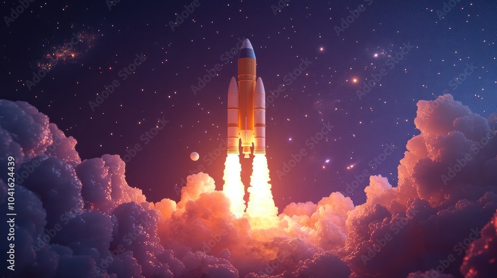 Poster rockets launch into space against a starry sky in a 3d cartoon rendering with spacecraft ascending t