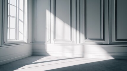 Fototapeta premium Bright white room corner featuring sunlight streaming through a window adorned with black decorative classic style molding on the walls complemented by a flat ceiling floor and baseboard in a 3D in