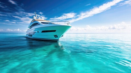 Fototapeta premium A luxury yacht gliding smoothly through calm turquoise waters, symbolizing wealth, freedom, and adventure on the open sea