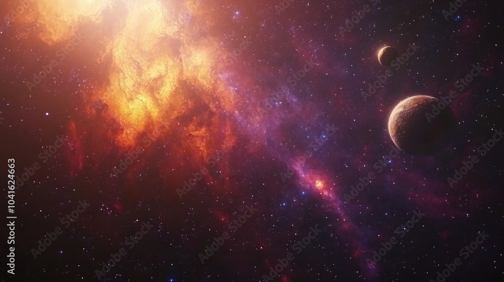 Poster bright interstellar nebulae in space with distant earth like worlds and planets near cosmic dust in 