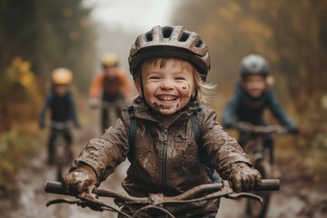 A child unbothered by mud, smiling widely, as they ride a mountain bike with friends on a trail, embodying the spirited fun and adventurous excitement of childhood