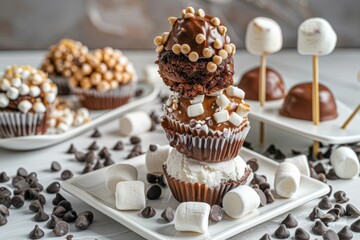 Decadent cupcake tower with chocolate and marshmallows