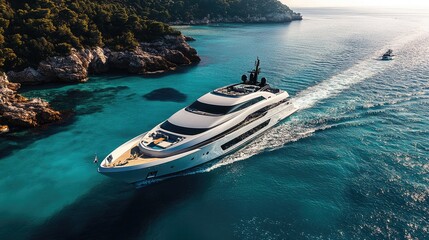 A stunning luxury yacht gliding through calm turquoise waters, showcasing wealth, adventure, and the allure of freedom on the open sea