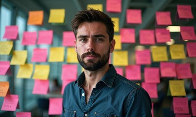 Portrait of serious middle aged businessman, manager, successful scrum master using sticky notes, agile methodology for productivity working in modern office