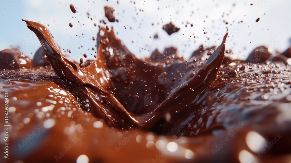 Poster chocolate splash in a vibrant 3d illustration showcasing dynamic movement and texture 3d rendering e