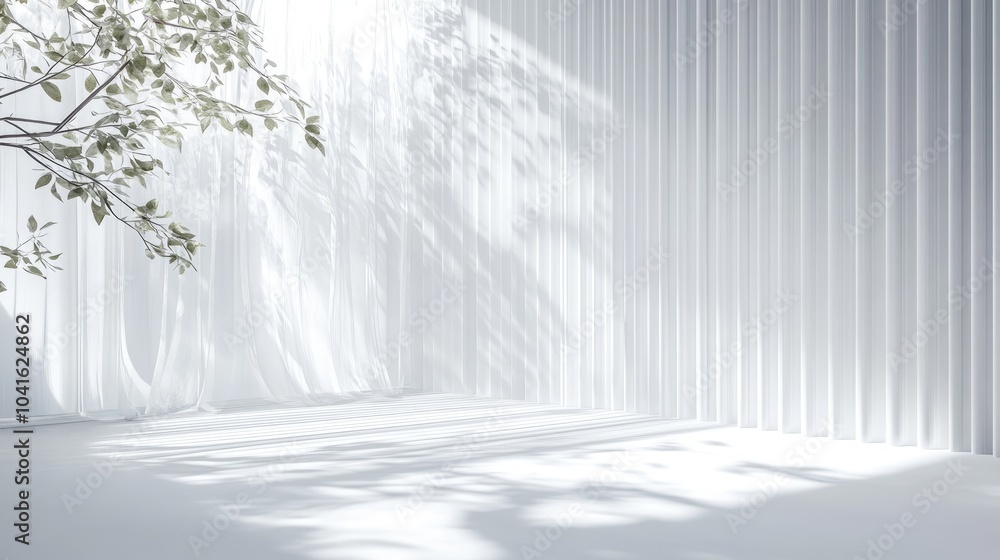 Aufkleber 3d rendering of clean fluted reeded glass casting tree leaf shadows on a white floor creating a mode