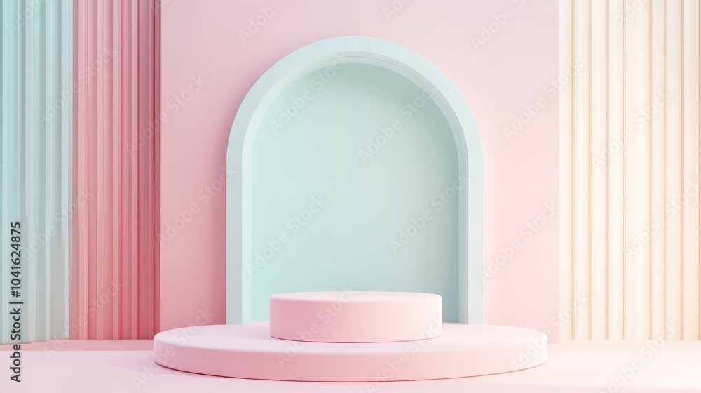 Poster geometric shapes featuring an arch and podium in soft pastel hues minimalistic backdrop 3d rendering