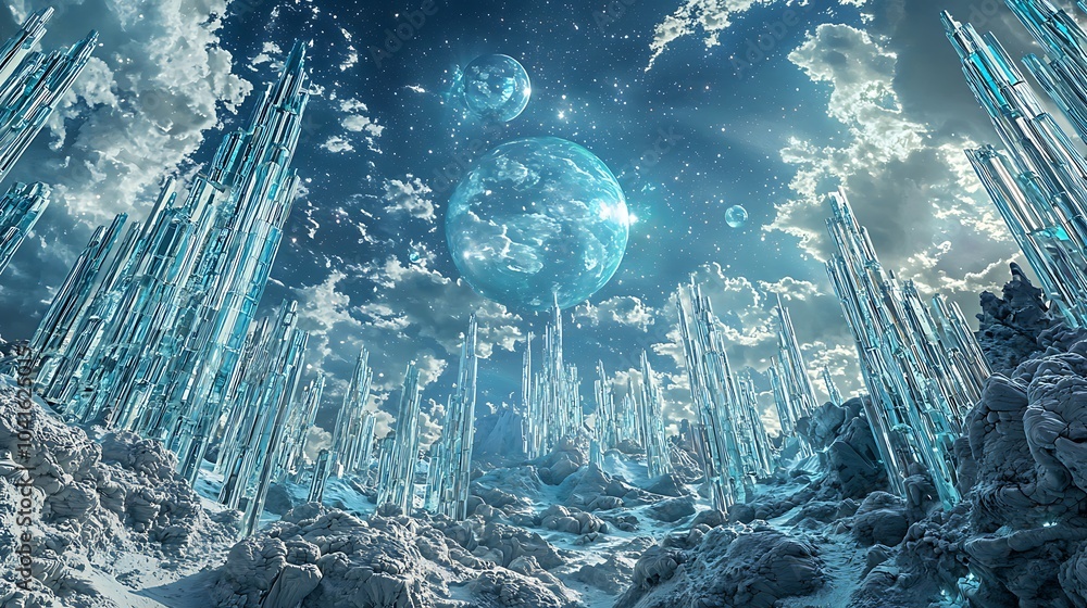 Poster exploring an alien city a dazzling realm of mirrored glass structures reflecting cosmic wonders and 