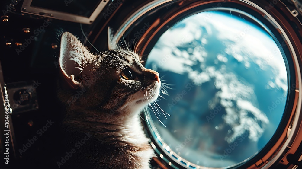 Poster a whimsical journey an astronaut cat gazes at earth from the space station window blending imaginati