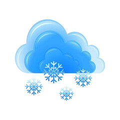 Cumulonimbus clouds or snow clouds with snowflake, cartoon icon for snow weather and seasons, on white background. Vector emoji icon.