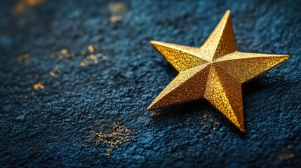 Golden glitter star on a dark blue surface. A festive and decorative image, perfect for Christmas or New Year's greetings, or for representing success and achievement.