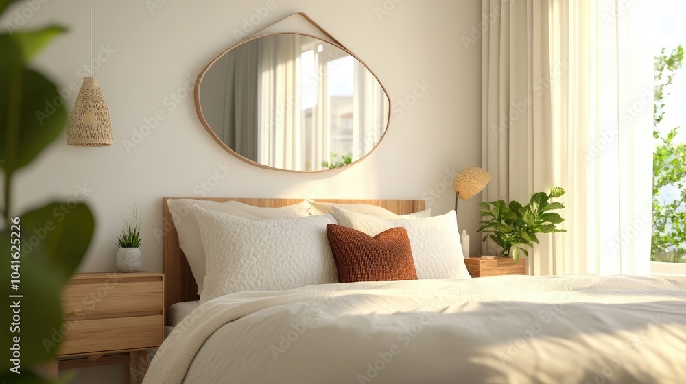 Aufkleber 3d rendering of a modern irregular shaped mirror above a minimalist wooden dressing table next to a 