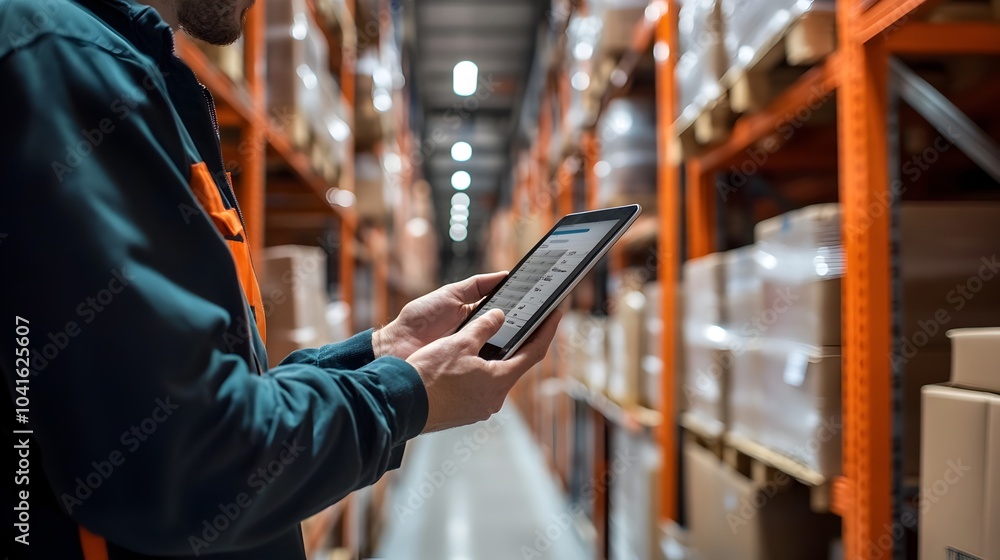 Poster employee checking inventory list on tablet for streamlined warehouse workflow