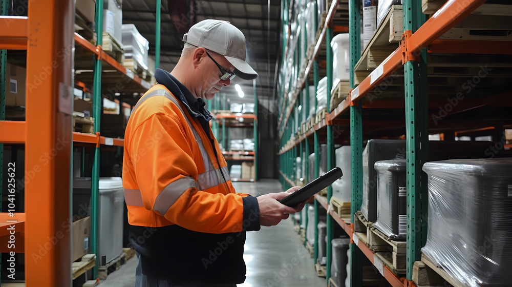 Aufkleber employee checking inventory list on tablet in streamlined warehouse workflow