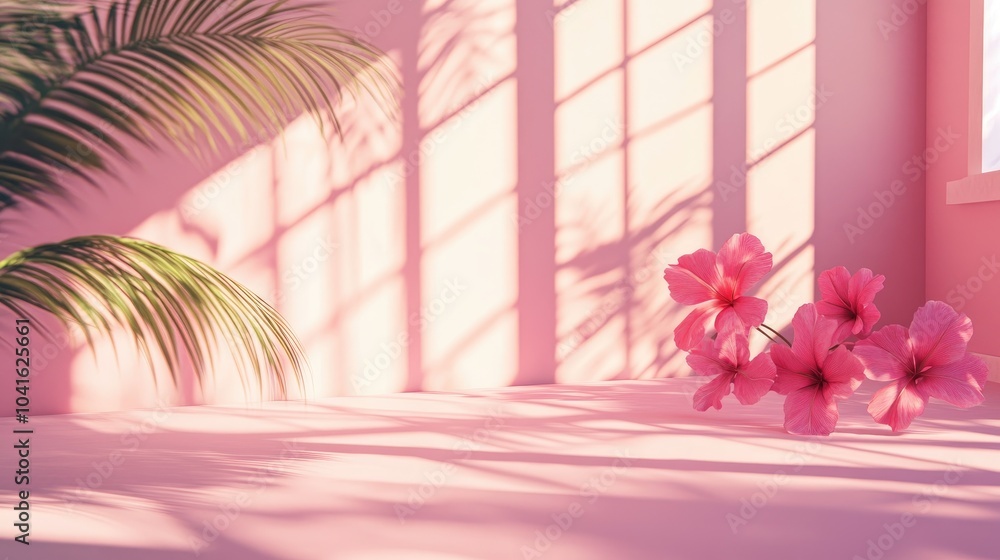 Poster 3d rendering of an abstract gradient pink studio background for product presentation with shadows of