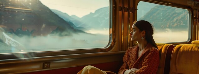 A young woman sits alone in a modern train carriage, staring out the window at the passing scenery