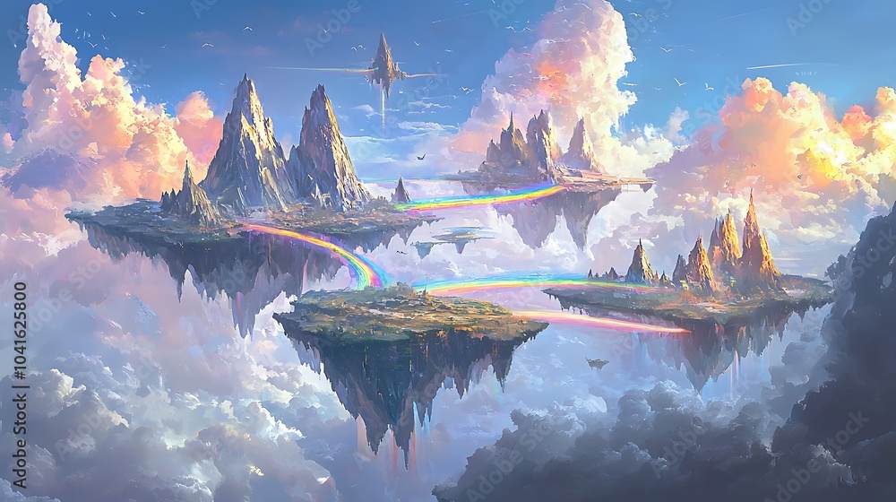 Aufkleber majestic floating mountains surrounded by ethereal clouds connected by vibrant rainbow bridges in a 
