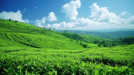 Lush Green Tea Plantation Landscape Under Blue Sky