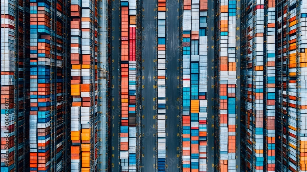 Poster overhead aerial view of a large organized distribution warehouse with shelves and rows of stored