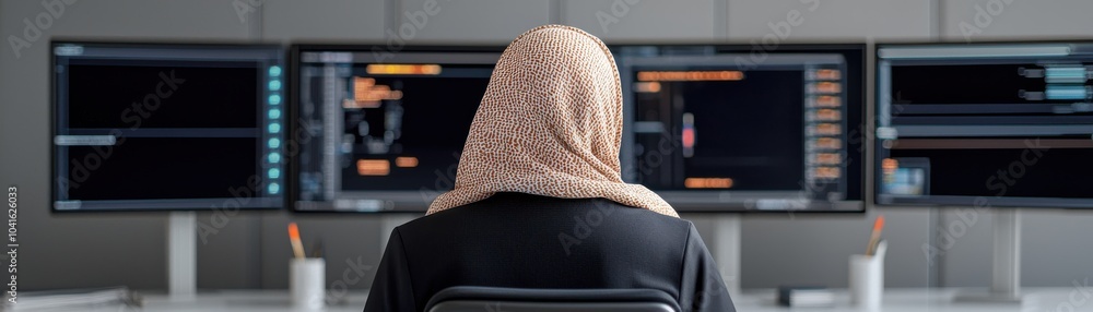 Poster woman working at multiple computer monitors in a modern office environment.
