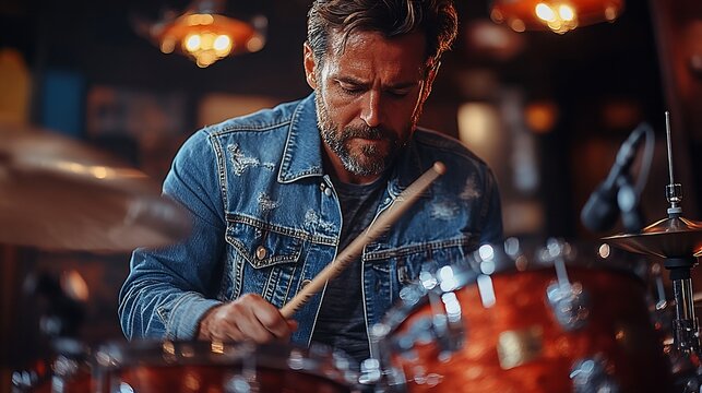 A man plays the drums with a focused expression.