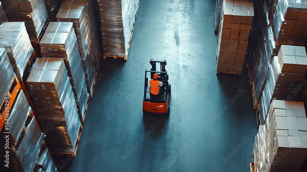 Poster forklift operator efficiently stacking boxes in busy warehouse setting